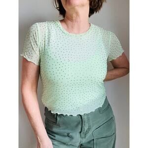 Tinseltown Green Mesh Cropped Top Rhinestones Size Large Sheer Dopamine